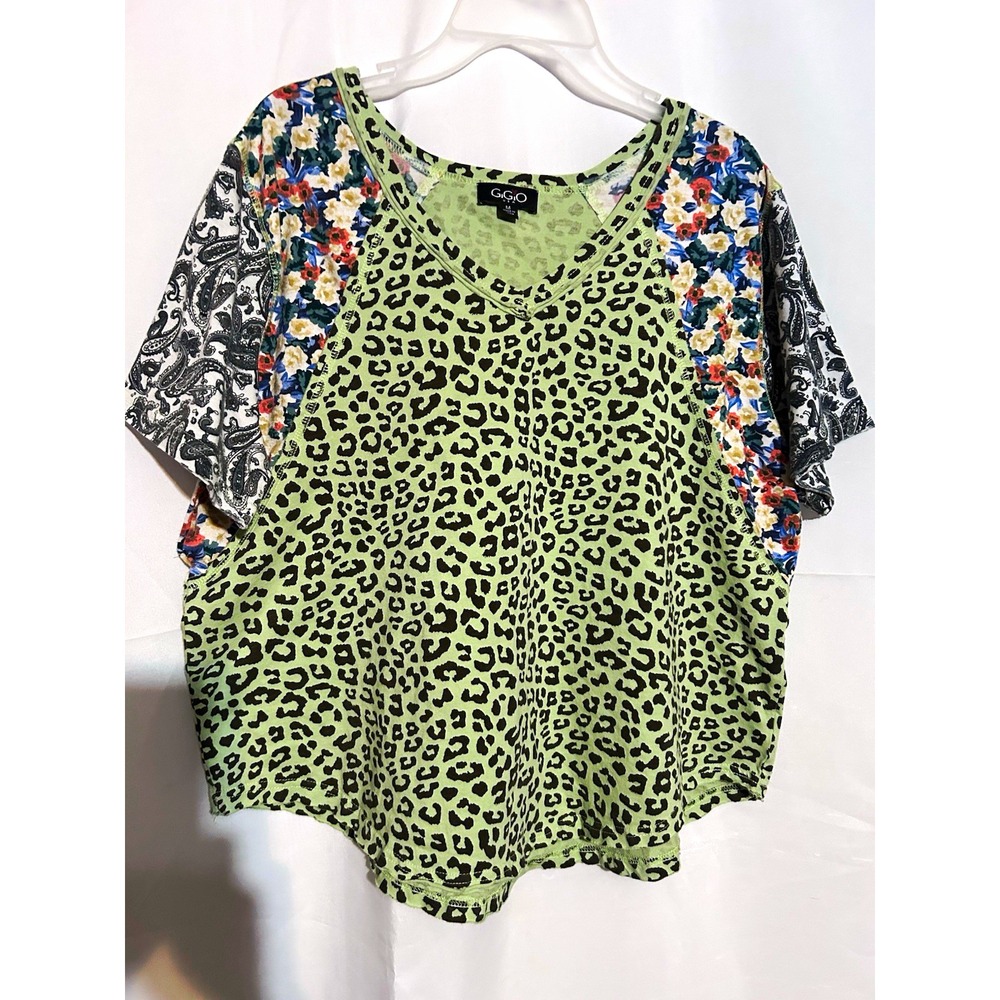 GiGio Green Leopard Animal Print Contrast Raglan Short Sleeve Top Women's M